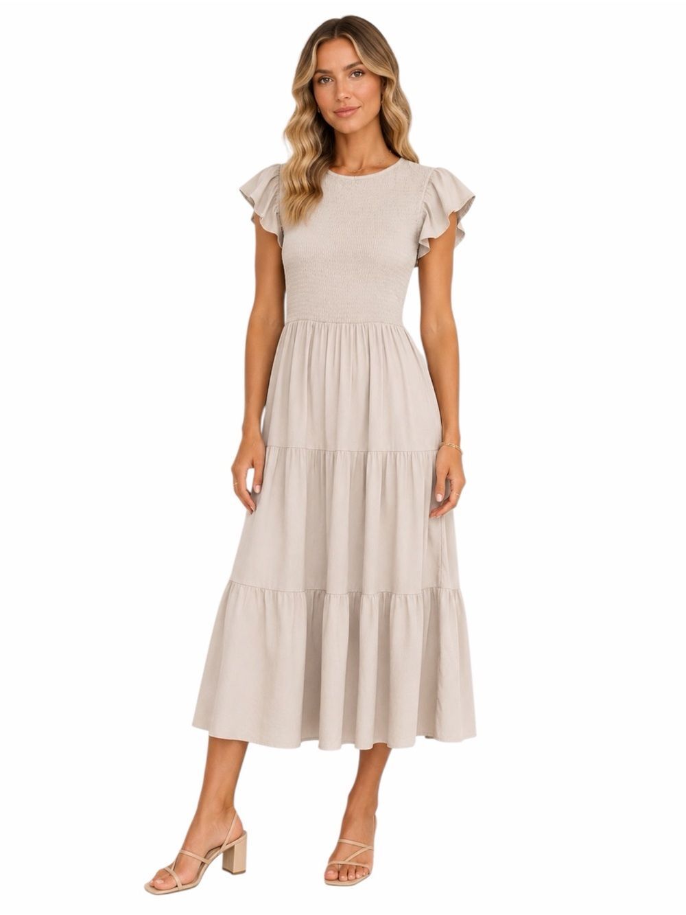 ZESICA Smocked Tiered Midi Dress Flutter Sleeve Cottagecore Boho Beige Tan M NEW